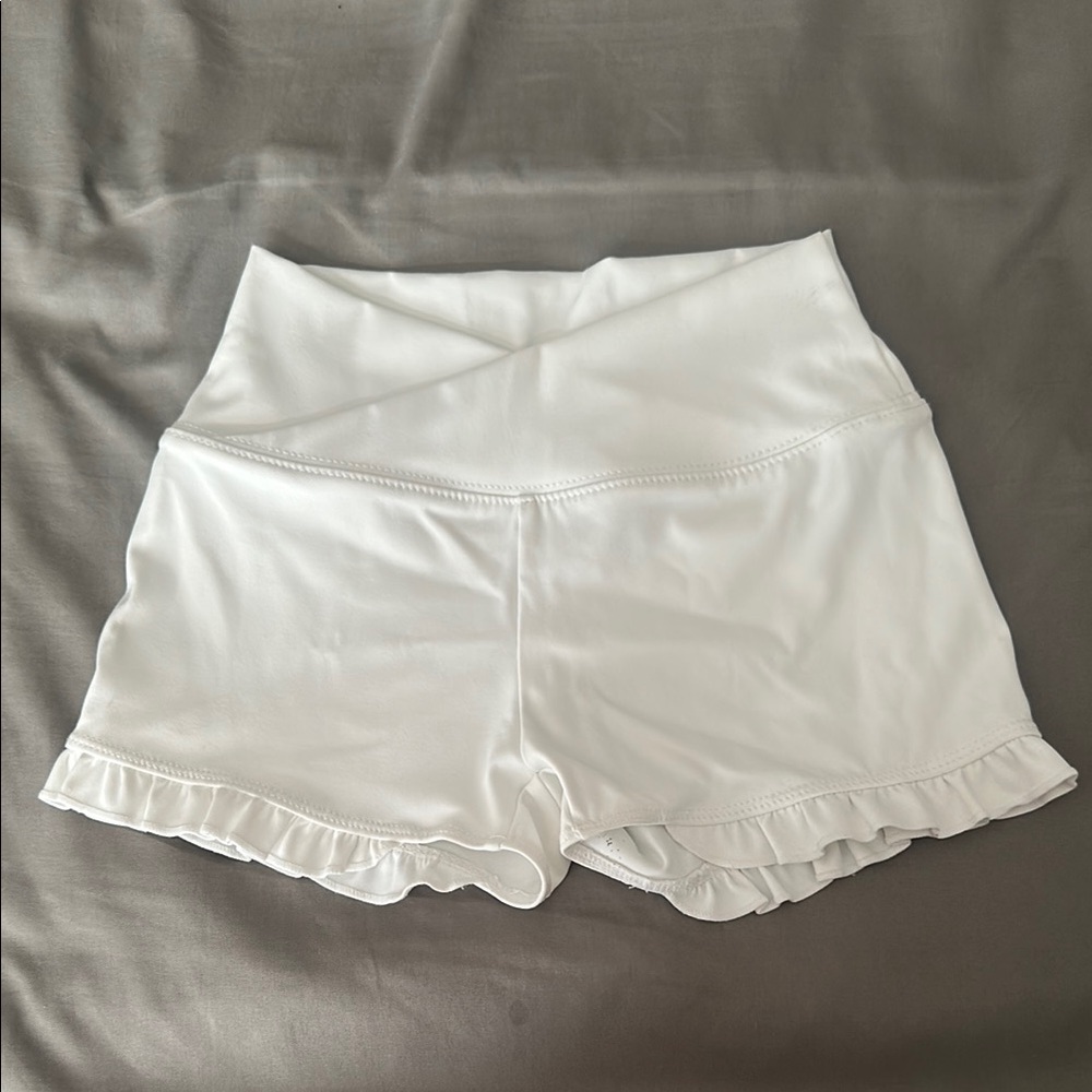 Girls Athletic White Ruffle Hem with Crossover High Waist Dance/Gymnastic Shorts